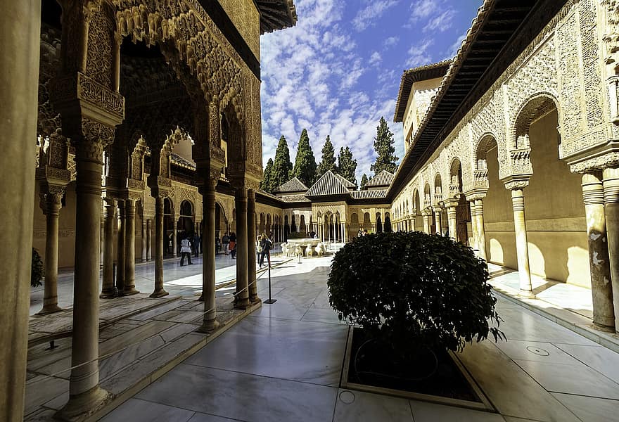 宮殿、中庭、グラナダ、スペイン、アルハンブラ