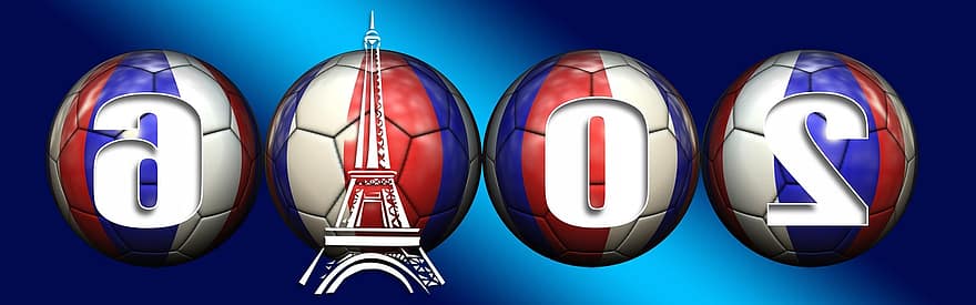 campeonato europeu, futebol, França, Torre Eiffel, bola, volta, vermelho, branco, azul, partida de futebol, em