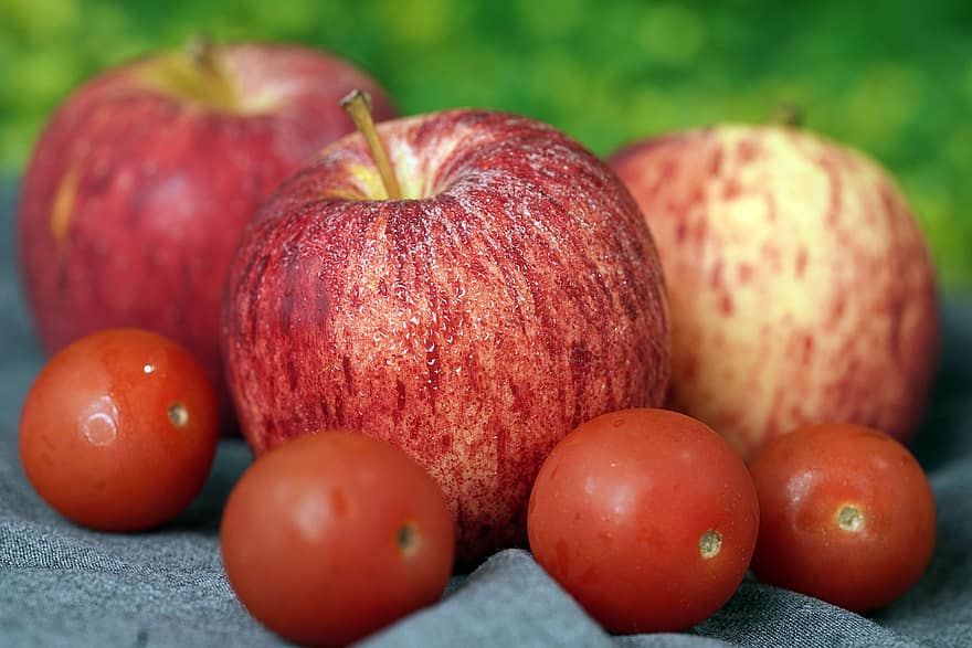 maçãs, tomates, frutas, Comida, fresco, saudável, maduro, orgânico, doce, produzir, colheita
