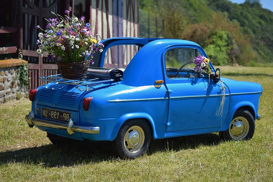 Voiture Vespa400, voiture, ancien, vieille voiture, véhicule, auto, voiture décapotable, transport, petite voiture, couleur bleue, Vespa400