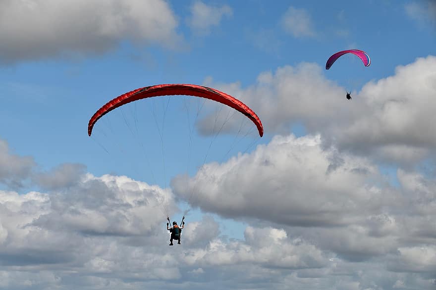 paralayang, paraglider, paralayang bersama-sama, pesawat terbang, pelayaran, sayap, panas, angin, udara, langit mendung, petualangan