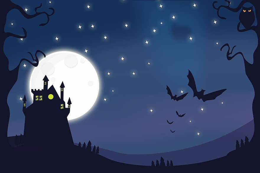 Moon, Castle, Night, Mystic, Creepy, Fantasy, Darkness, Halloween, The Sky, Fairy Tale, Mysterious
