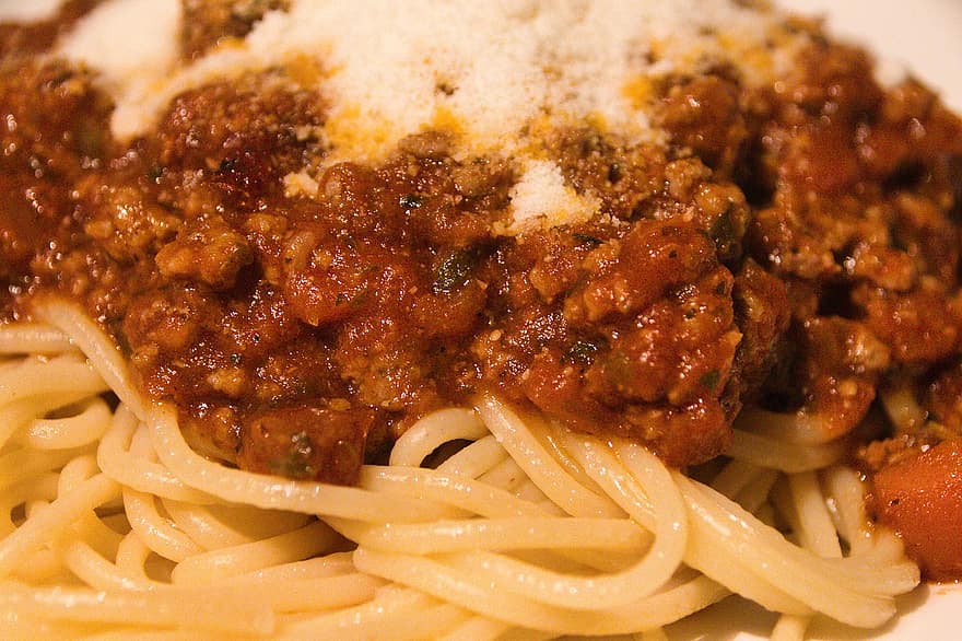 spagetti, pasta, italiensk, bolognese, parmesan, nudler, måltid, tallerken, mat