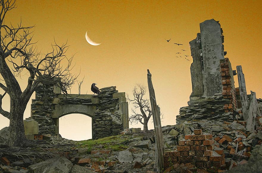 ruïnes, abandonat, turó, vespre, misteriós, paret de pedra, maó