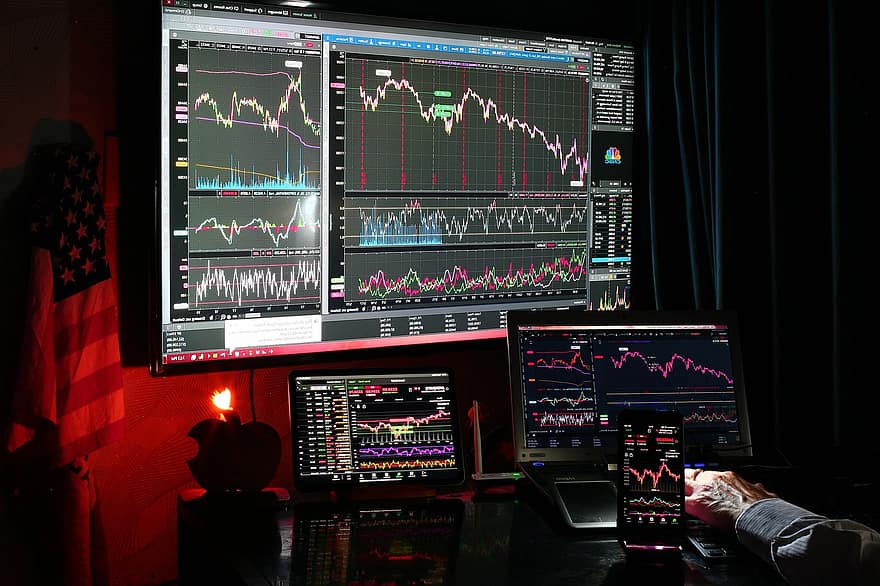 компьютер, склад, рынок, диаграмма, Доу, S P 500, НАСДАК, NYSE, Cboe, Bitcoin, инвестиции