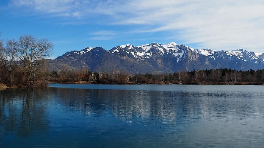 езеро, планини, природа, вода, отражение на водата, планинска верига, Алпи, алпийски, панорамен