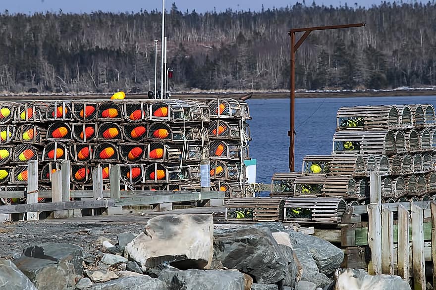 Lobster Traps, Dock, Fishing, Coast, industry, transportation, water, equipment, shipping, stack, mode of transport