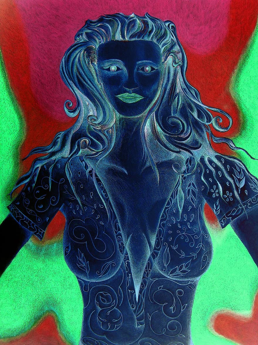 Woman, Elegant, Harmony, Bella, Well-being, Character, Red, Green, The Framework, Painting, Pop Art