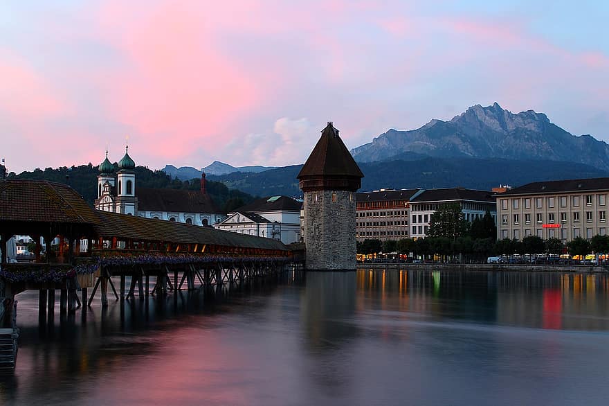 híd, tó, hegyek, svájci Alpok, lucerna, híres hely, svájc, tájkép, természet, alpesi, svájci