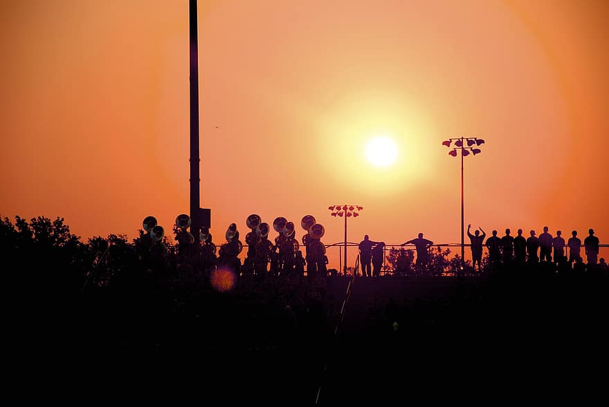 fútbol, escuela secundaria, estadio, puesta de sol