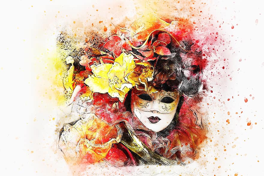 Mask, Carnival, Venice, Art, Abstract, Watercolor, Vintage, Girl, Woman, Romantic, Emotion