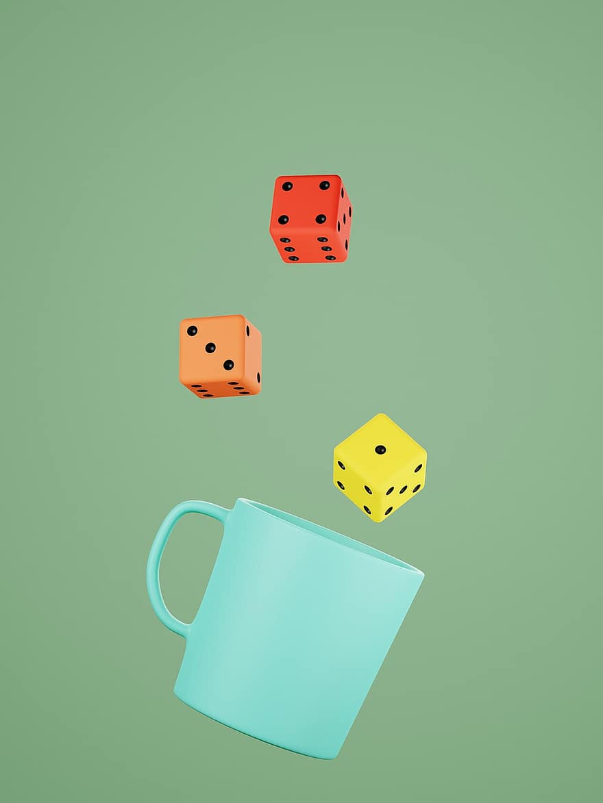 Dice, Game, Cup, Green, Blue, Red, Yellow, Orange, Lucky, gambling, casino