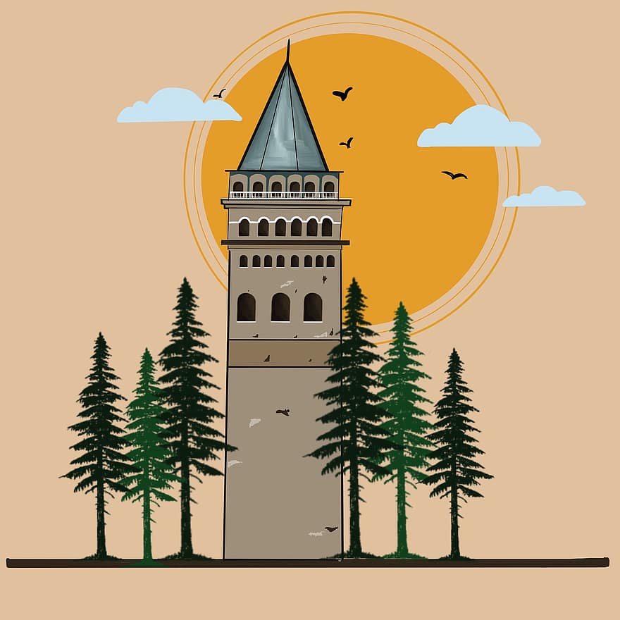 Galata Tower, Tower, Trees, Sun, Sunlight, Landscape, Historic, Historical, Landmark, Galata, Architecture