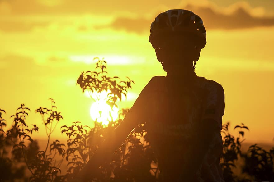 cycliste, silhouette, le coucher du soleil, sport, bicyclette, cyclisme, exercice, aptitude, balade, activité, personnes