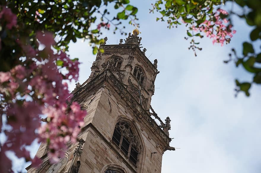 Tower, Architecture, Spring, Nature, Lilac, Flowers, Blossom, christianity, religion, famous place, catholicism