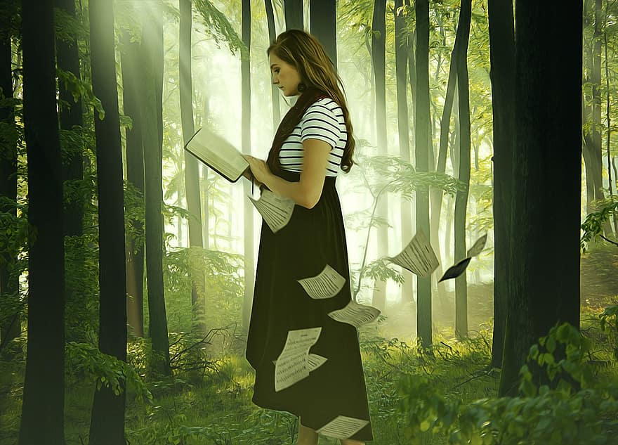 kobieta, dziewczynka, dama, czytanie, książka, drewno, drzewa, światło, Spadające arkusze książek, Fantazja