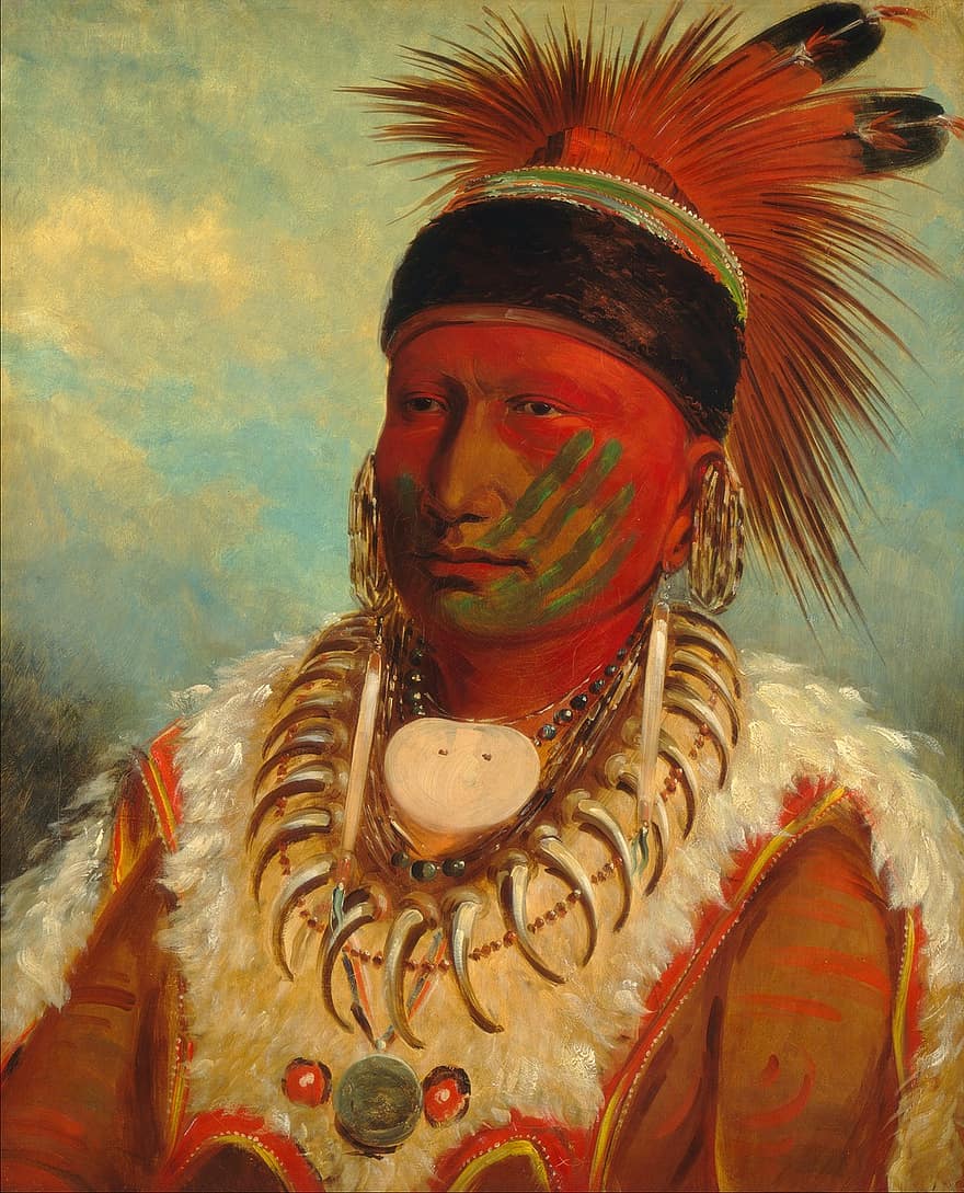 maleri, kunstverk, Kunst, george catlin, 1831, Den hvite skyen, Sjef for Iowas, indian, indianer, lerret, iowa