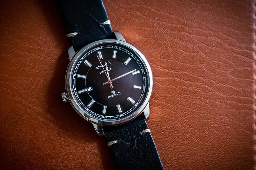 veure, rellotge de polsera, temps, Alexander Christie, accessori, rellotge d'home, primer pla, moda, luxe, cuir, elegància