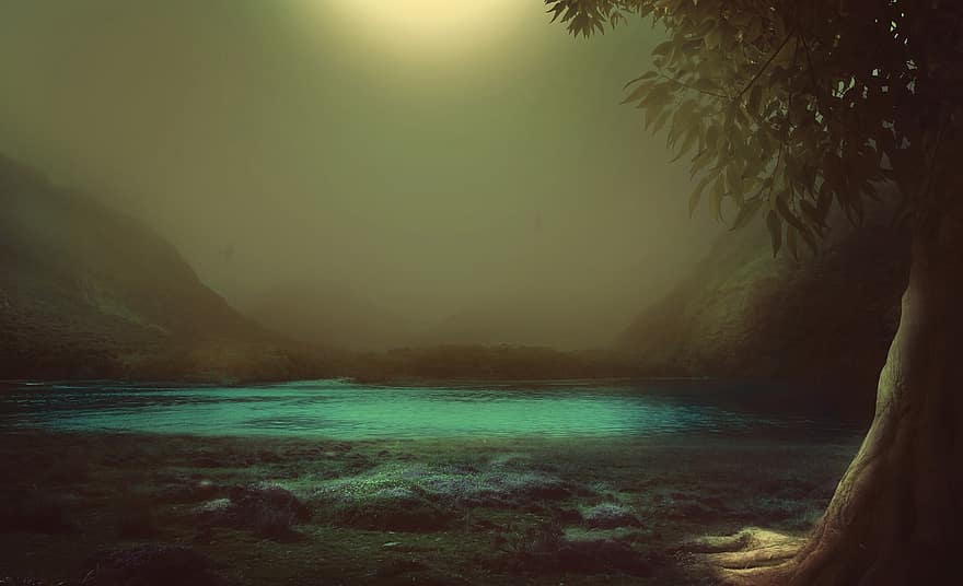 Fantasy, Tree, Moor, Lake, Mountain, Landscape, Fog, River, Atmosphere, Travel, Vacations