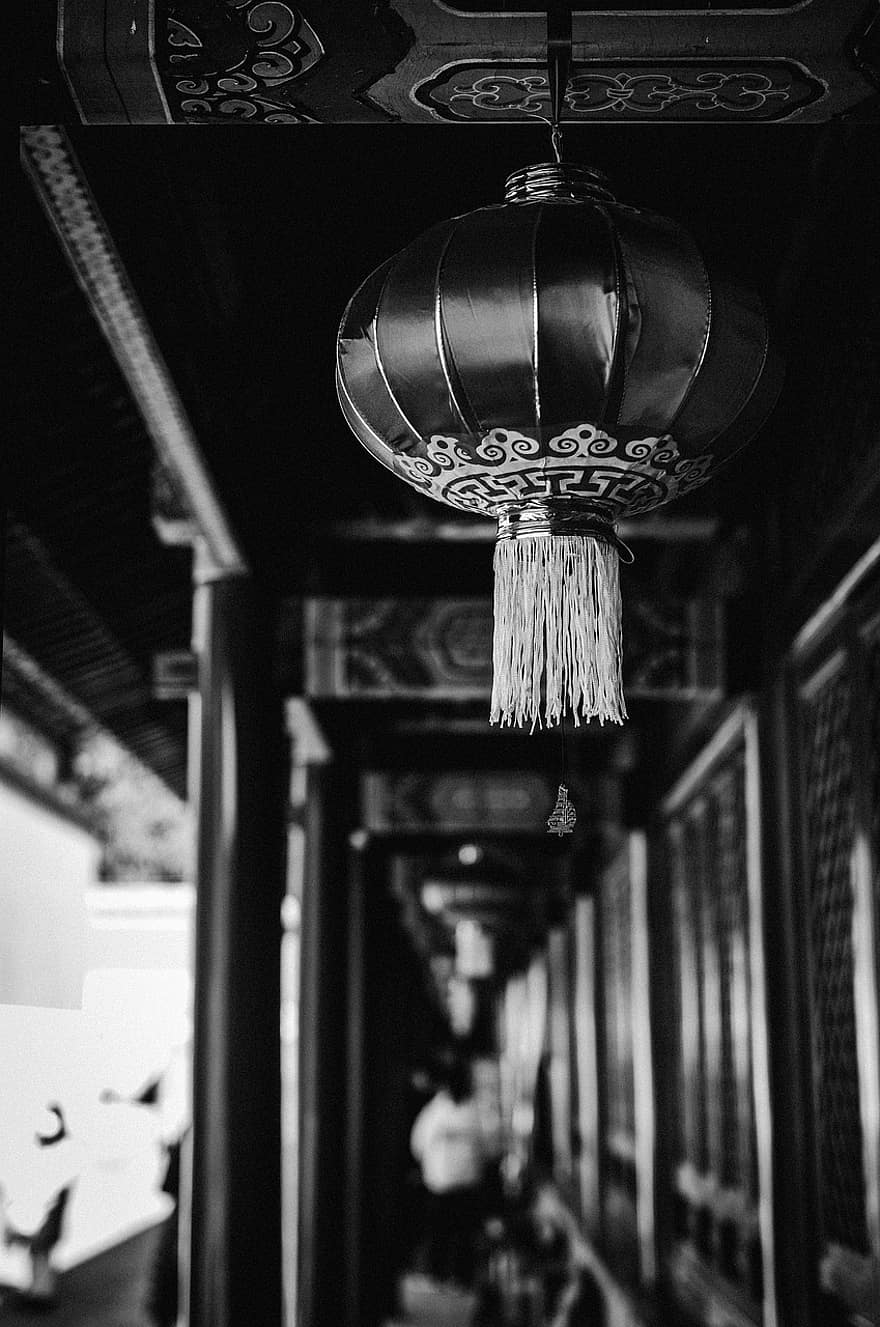 Lantern, Beijing, China, Monochrome, Urban, architecture, decoration, chinese culture, cultures, black and white, indoors