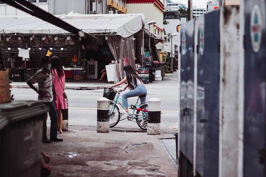 vrouw, fiets, straat, Geylang Street, levensstijl