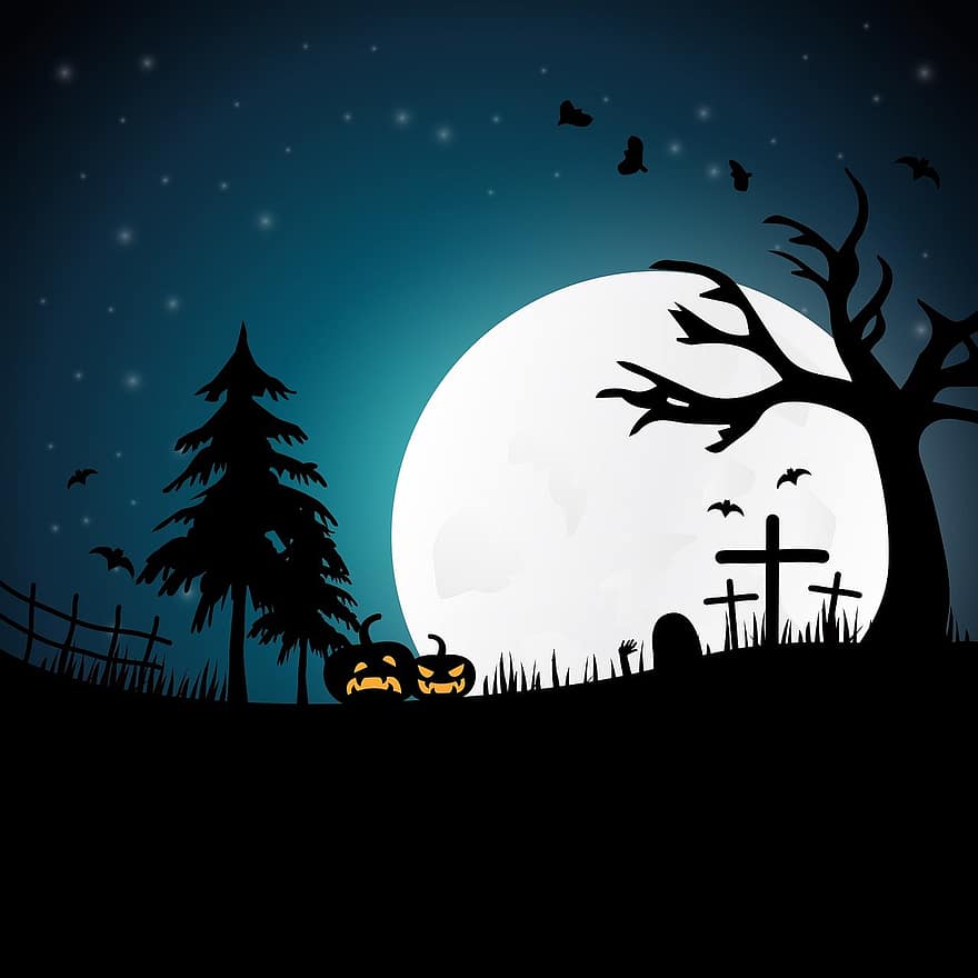 halloween, natt, kuslig, månsken, dyster, Skräck, pumpa, horisont, glad Halloween