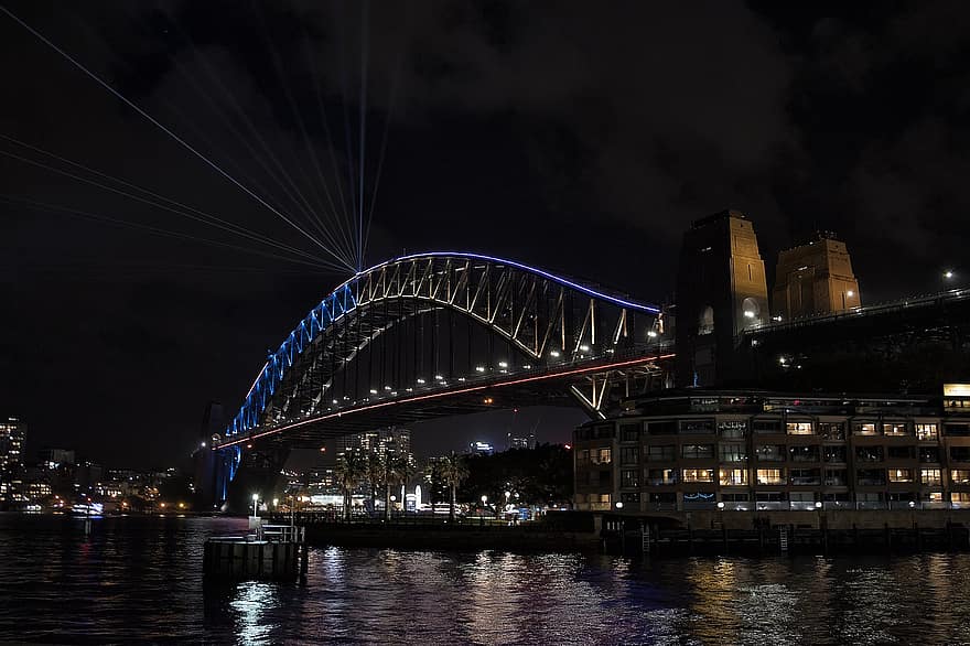 hamnbron, sydney, Australien, New South Wales, bro, vatten, båt, natt, kväll, himmel, lampor