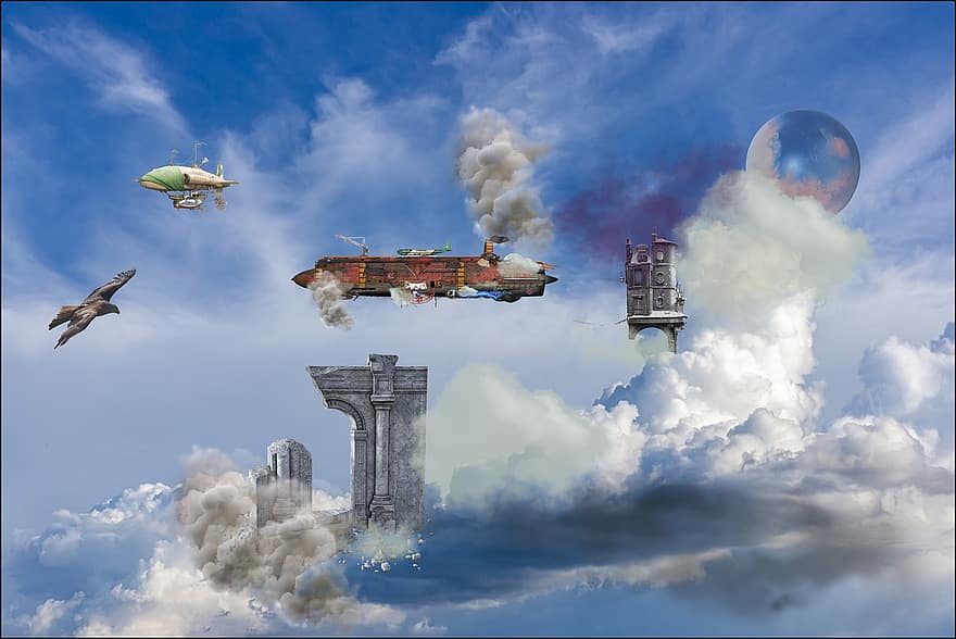 sterowiec, steampunk, chmury, niebo, planeta, Dieselpunk, Atompunk