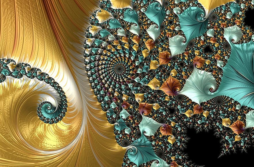 Motif fractal, fond métallique, fond coloré, art numérique, fond en spirale, Pain aux amandes, Julia, fractale, kaléidoscope, abstrait, conception