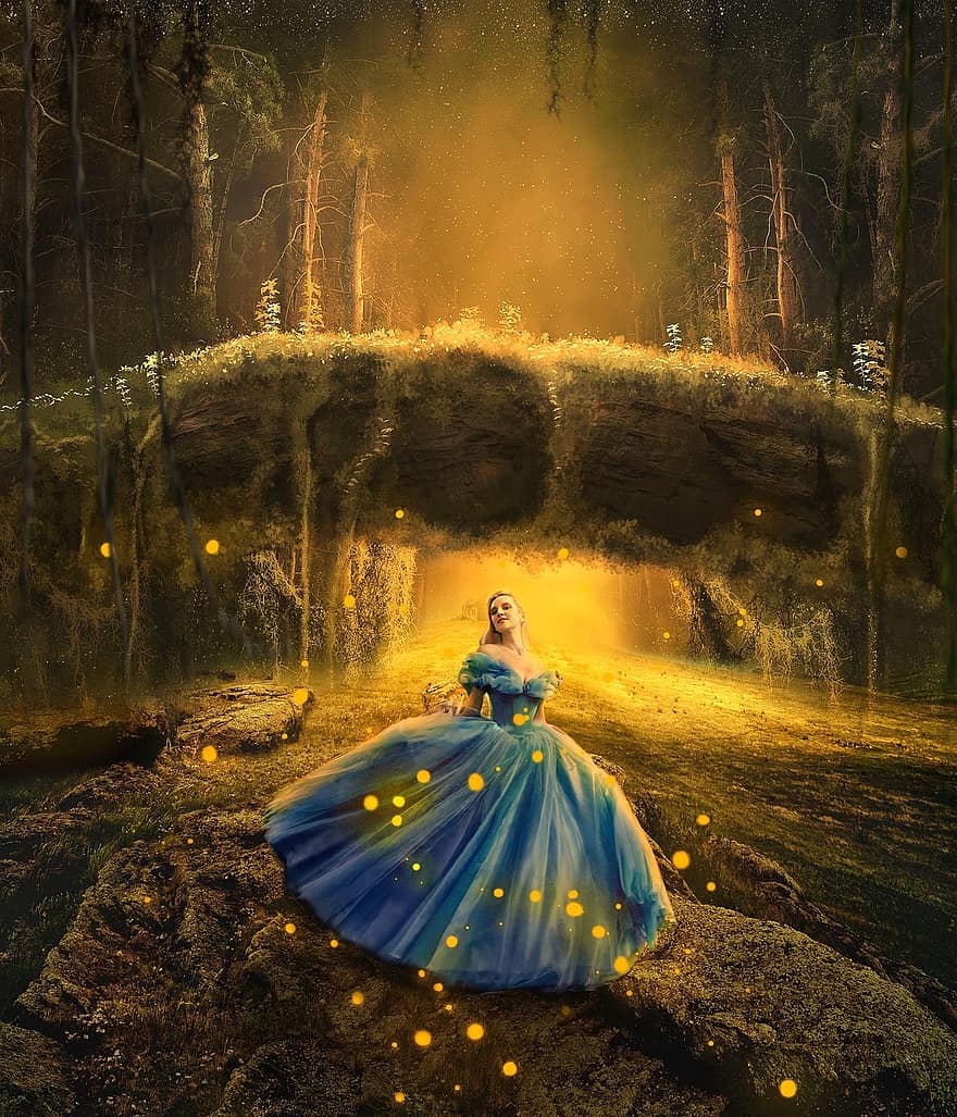 miškas, princesė, pelenė, pasaka, fantazija, fireflies
