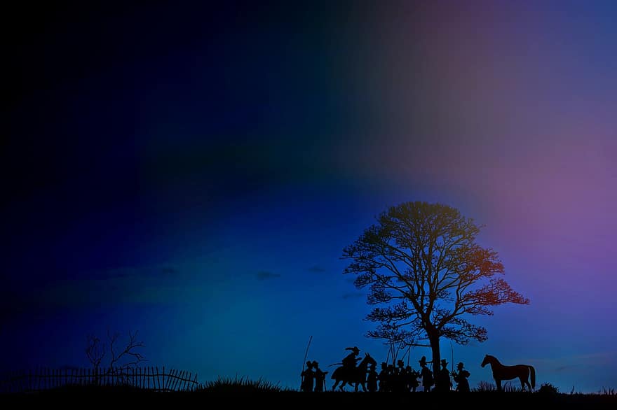 lumină de seară, peisaj, personal, grup de oameni, cai, grup, cer, natură, oameni, amurg, albastru