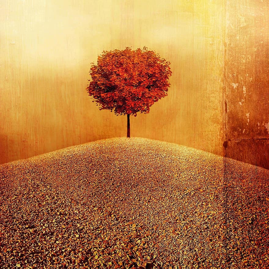 Hintergrund, kreativ, Baum, Jahrgang, Textur, Papier-, Fantasie, Orange, rot, Berg