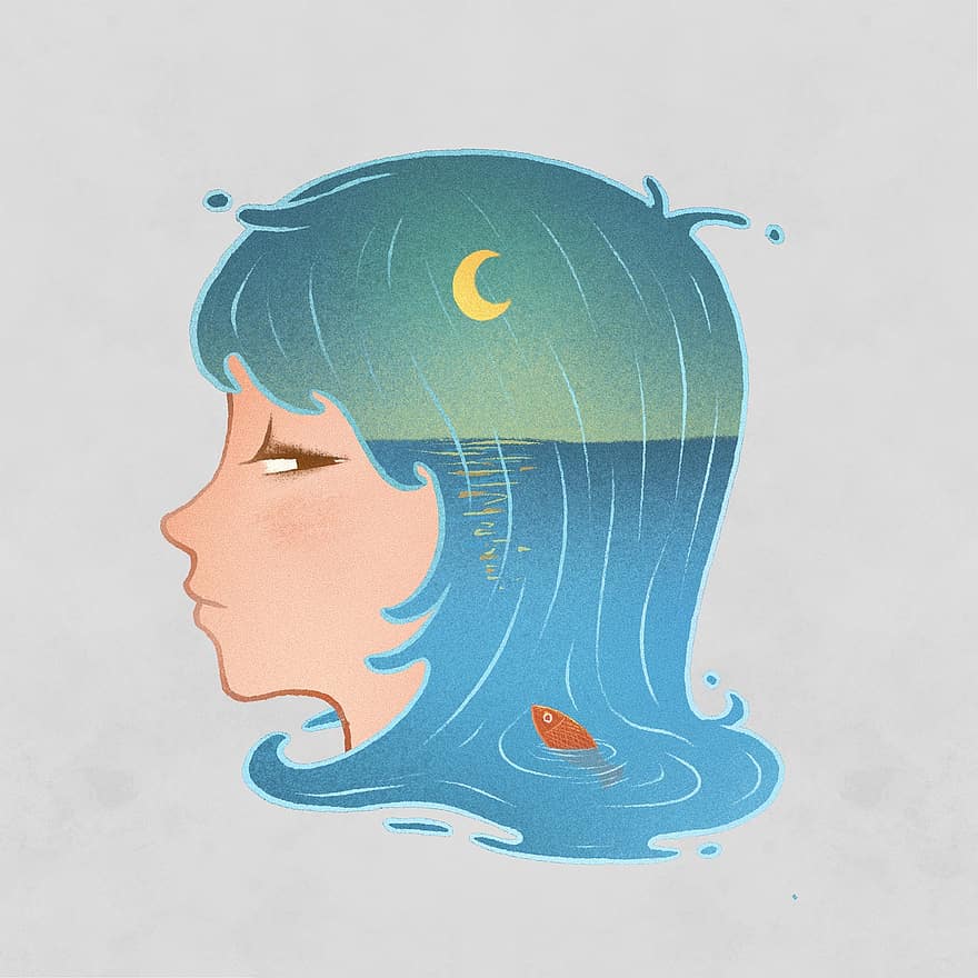 κορίτσι, ωκεανός, ψάρι, μαλλιά, φεγγάρι, Νύχτα, έναστρος ουρανός, θάλασσα, νερό, κεφάλι, γυναίκα