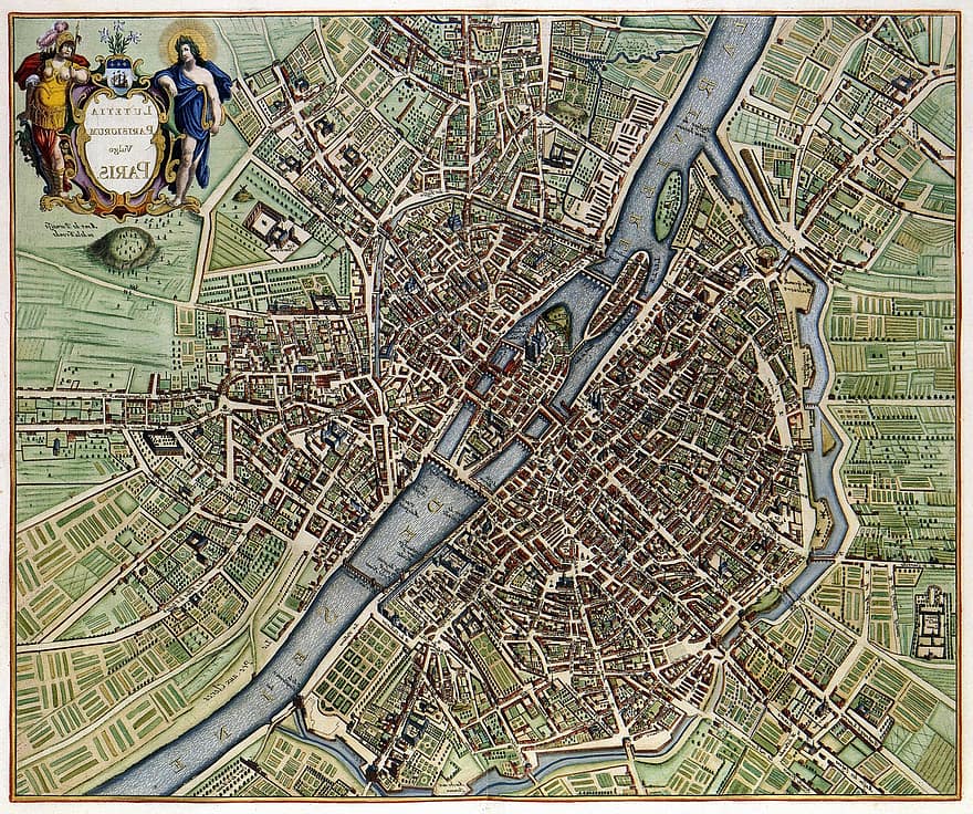 Paris, peta, kota, tua, 1657, ditarik