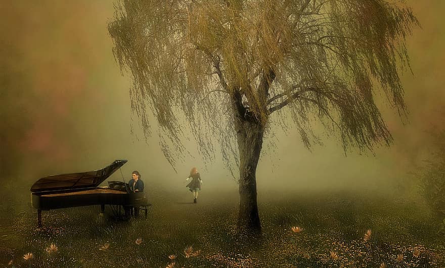 фантазія, луг, пасовище, дерево, фортепіано, інструмент, чоловіки, музичний інструмент, музикант, осінь, жінки