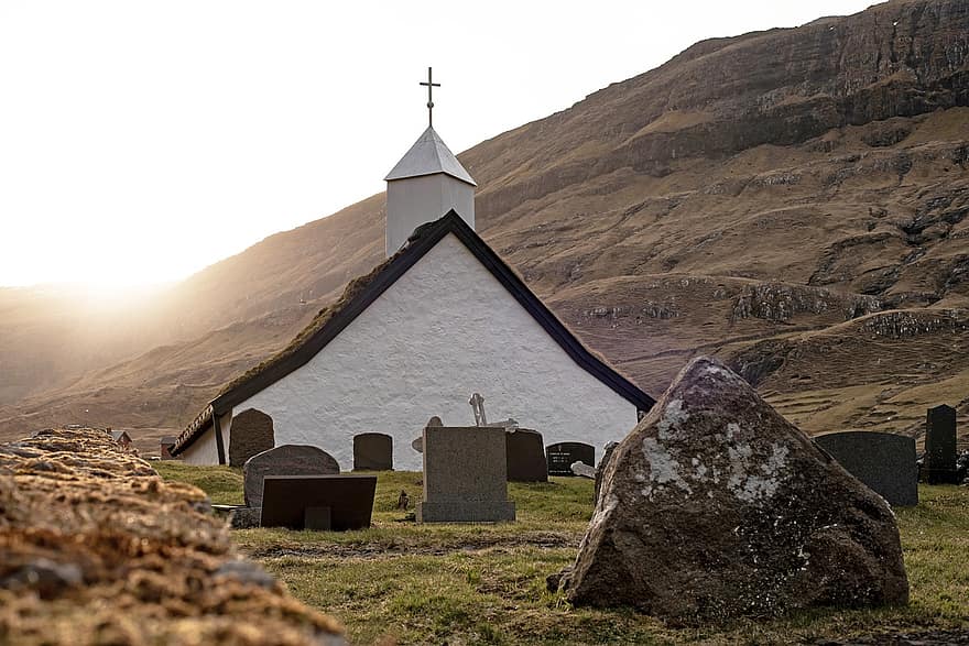 Faroe Szigetek, templom, vallás, hit, temető, kereszt, Templom kert, kereszténység, kultúrák, lelkiség, kápolna