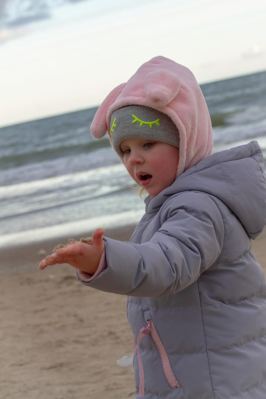 menina, de praia, criança, mar, costa, Mar Báltico, frio, ao ar livre
