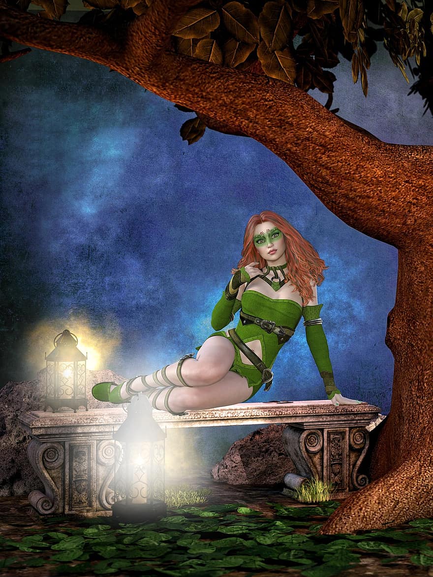 Background, Bench, Tree, Mystical, Elf, Fantasy, Female, Character, Digital Art