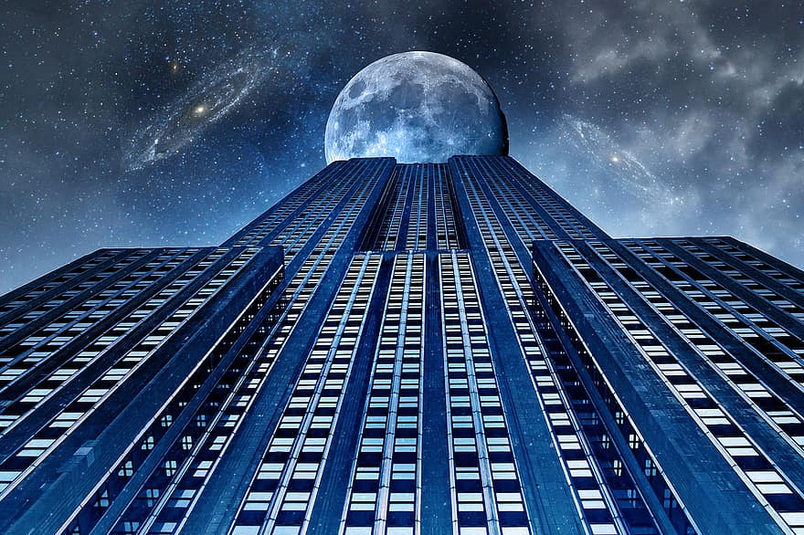 Gebäude, Mond, Nacht-, die Architektur, Stadt, dunkel, Himmel, Fantasie, Horizont, mystisch, Star