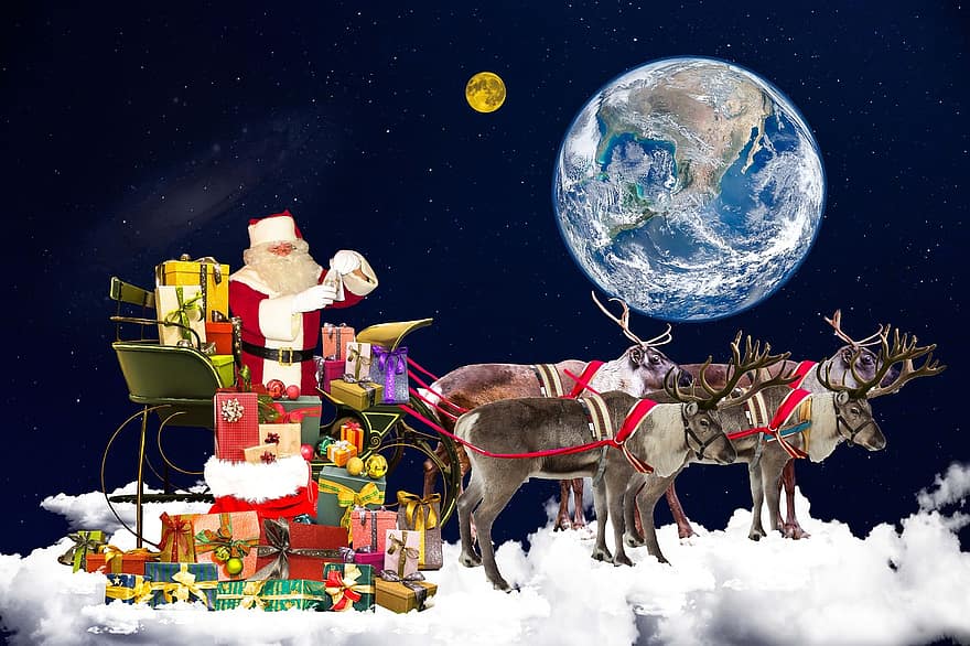 Navidad, Papá Noel, motivo navideño, regalos, hecho, paquete, diapositiva, trineo de navidad, reno, nubes, tierra