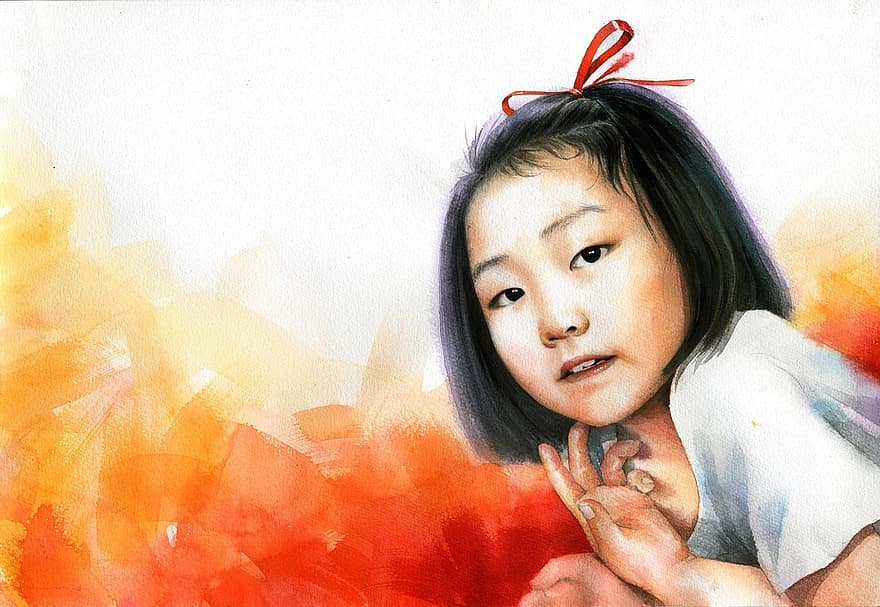 akvarel portræt, akvarel, kunst, arbejder, asiatisk, figur, portrætter, børne-