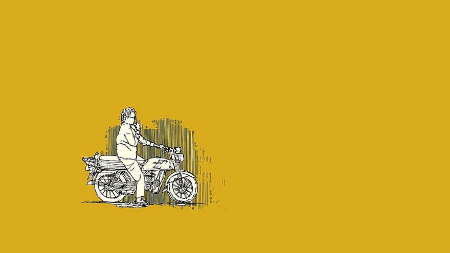 motorfiets, geel, schetsen, voertuig, bureaublad achtergrond, man, samenstelling, artistiek, tekening, kopie ruimte, behang