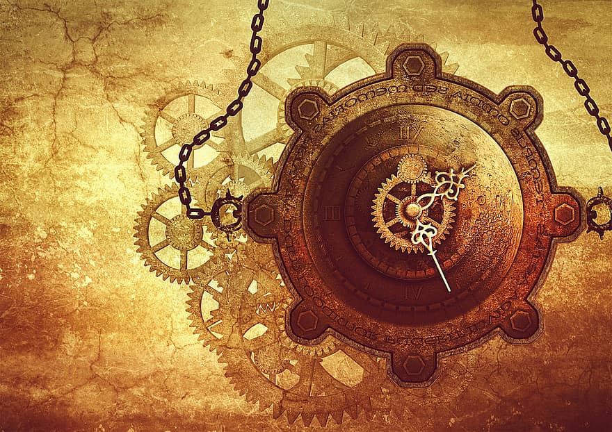 steampunk, hodiny, ozubená kola, řetězců, vinobraní, Měsíční hodiny, rez, kov, minulost, fantazie