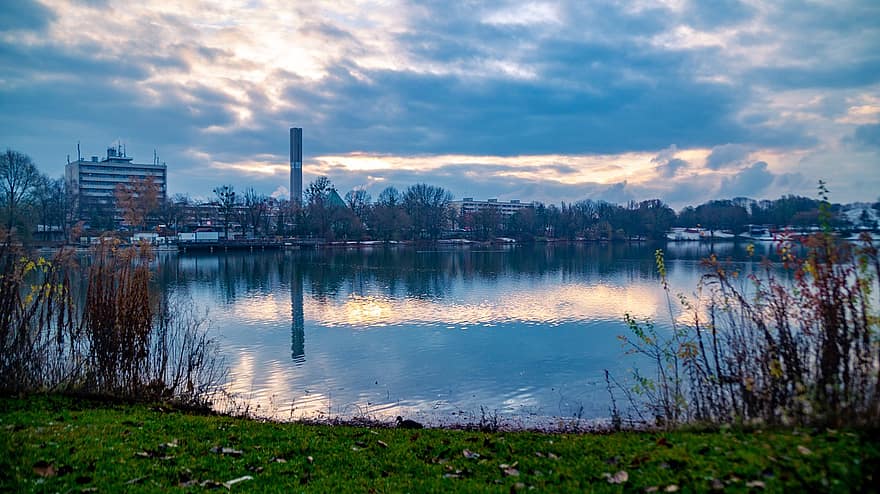 Lac, la nature, hiver, Munich, Lerchenauer See, Allemagne, eau, paysage, crépuscule, le coucher du soleil, bleu