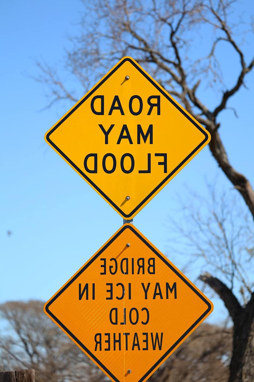 advertiment, senyal de trànsit, cartell de carrer, Carretera May Inundació, Pont de gel de maig en temps fred, país de les muntanyes de Texas, senyals d'avís, terres agrícoles, signe, groc, senyal d'advertència