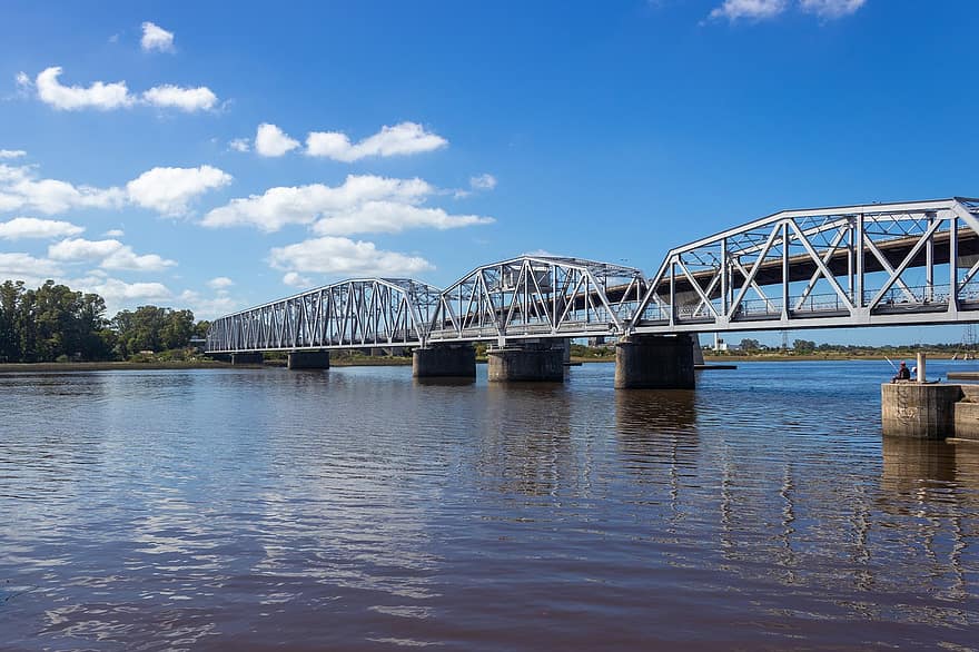 tiltas, upė, pobūdį, kraštovaizdį, debesys, mielas, mėlyna, vanduo, urugvajus, architektūra, žinoma vieta