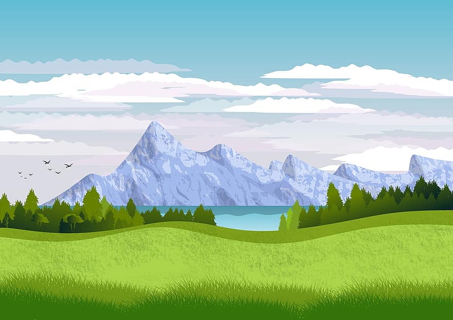 ilustración, fondo, paisaje, naturaleza, papel pintado, horizonte, escénico, vista, montaña, prado, colina