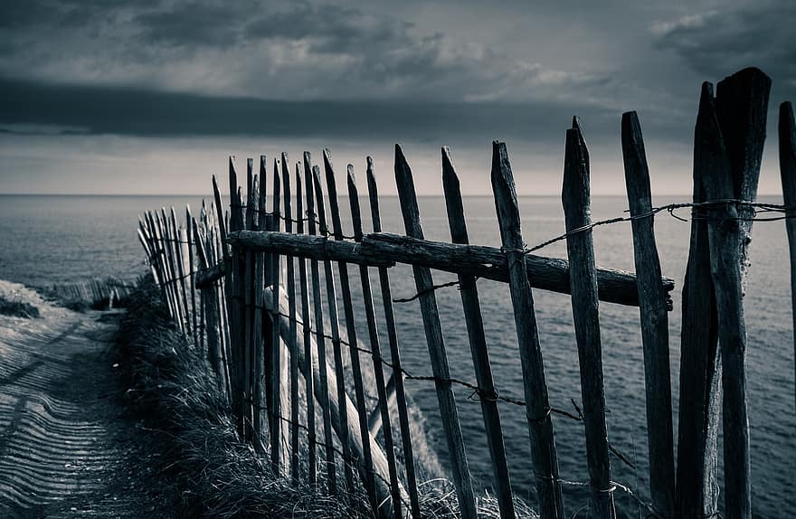 Fence, Sea, Stormy, Clouds, Sky, Storm, Ocean, Wooden Fence, Demarcation, Coast, Sea View