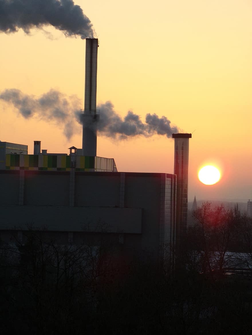 工場、汚染、日没、工業プラント、環境、煙突、業界、燃料と発電、煙、物理的構造、蒸気