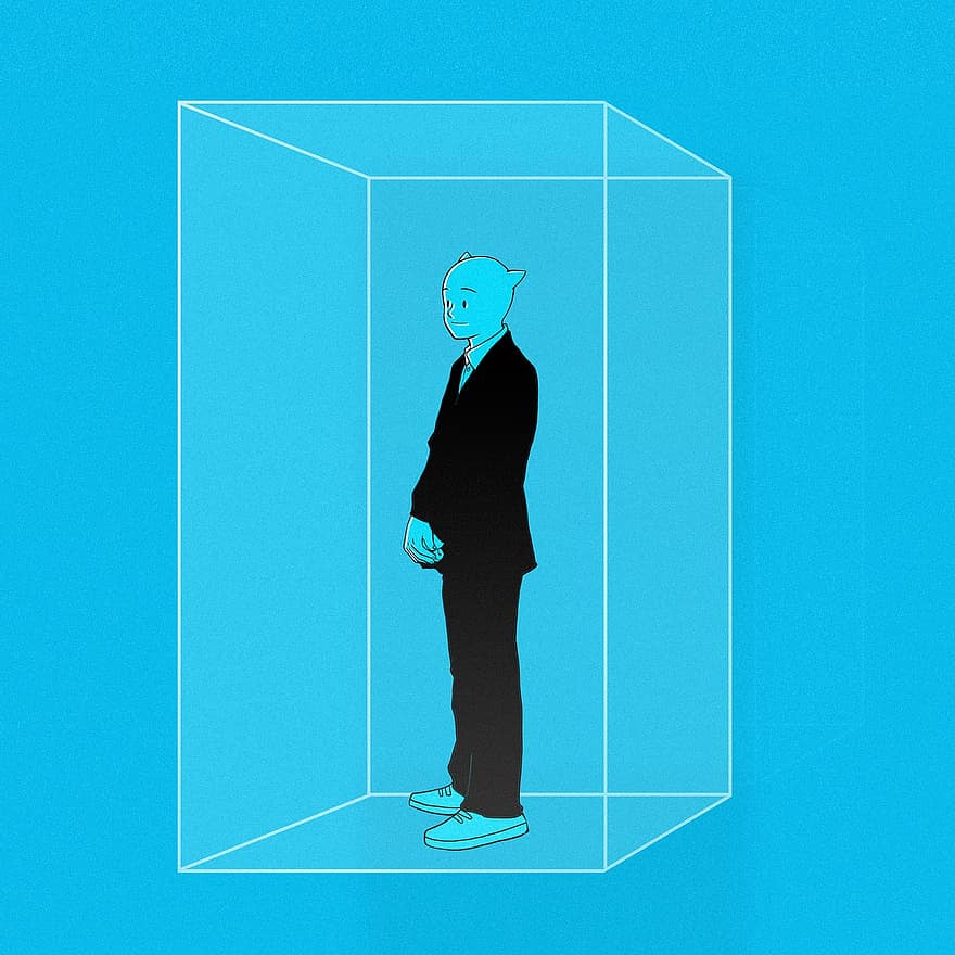 Cartoon, Office Worker, Society, Closure, Elevator, Cage, Loneliness, Blue Office